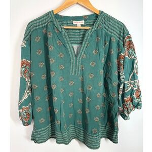 Knox Rose Teal‎ Floral Print V Neck 3/4 Sleeve Boho Blouse Top Size XL Rayon